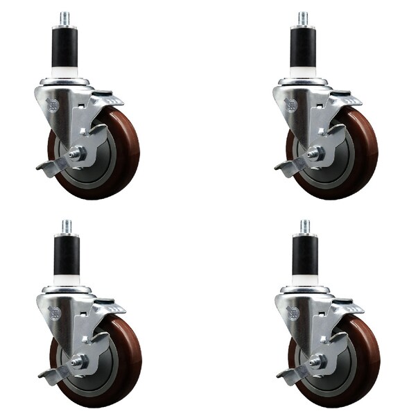 Service Caster 4'' SS Maroon Poly Swivel 1-3/8'' Expanding Stem Caster Set with Brake, 4PK SCC-SSEX20S414-PPUB-MRN-TLB-138-4 - main